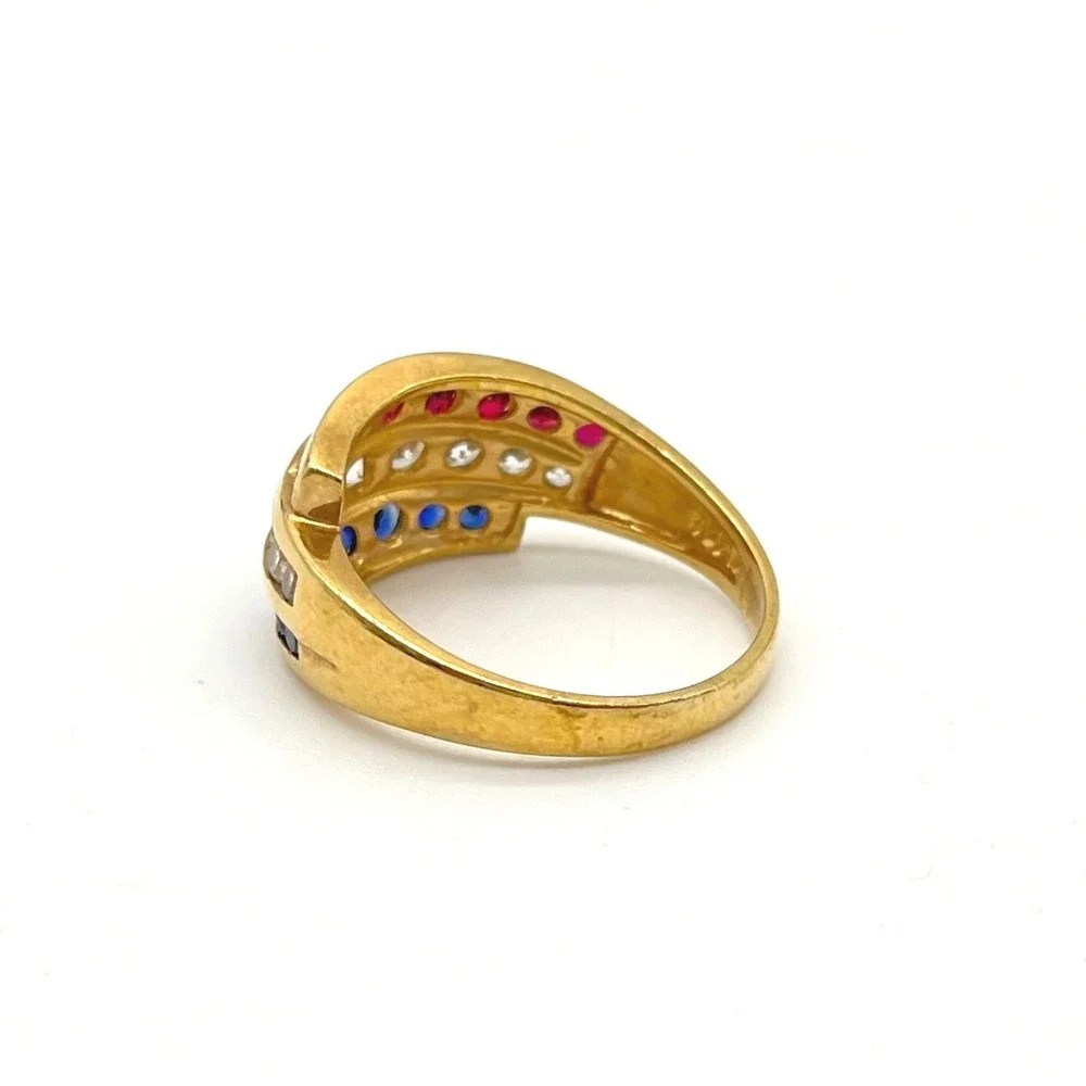 Gold Vermeil Sterling Silver Red‎ White Blue Channel Set Triple Row Ring Size 10